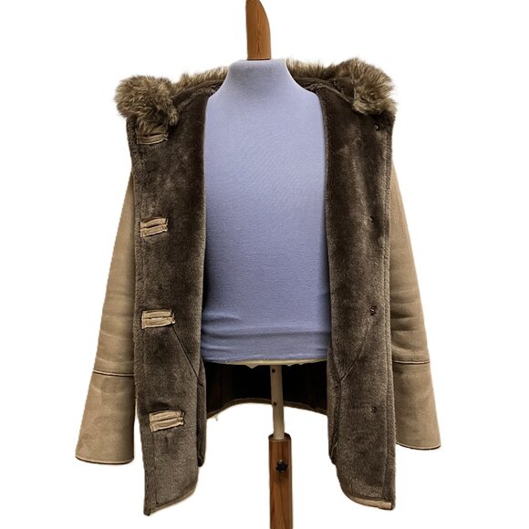 Tower by London Fog Hooded Coat Faux Suede with Faux Fur Shearling Lining Tan - Picture 6 of 11